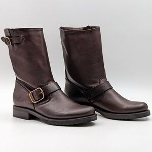 Frye Women Veronica Short Buckle Moto Biker Dark Brown Leather Boots size 7.5